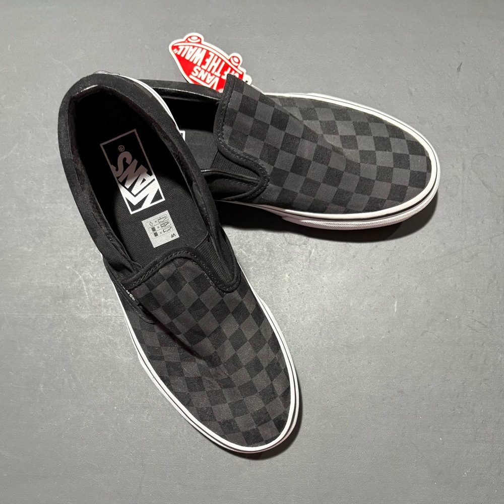 Vans Men's Black and Gray Checkered Slip-On Sneakers